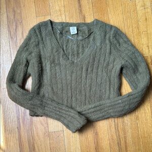 Urban Outfitters Green V-Neck Cable Knit Sweater